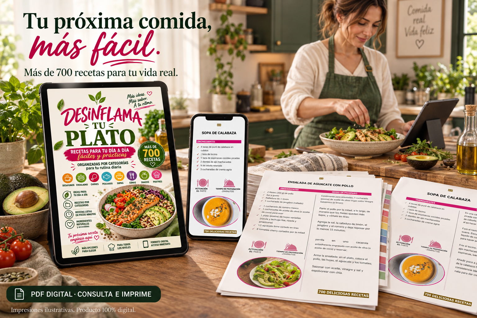 Desinflama tu Plato en tablet y celular, con recetas impresas y una mujer preparando una ensalada en su cocina
